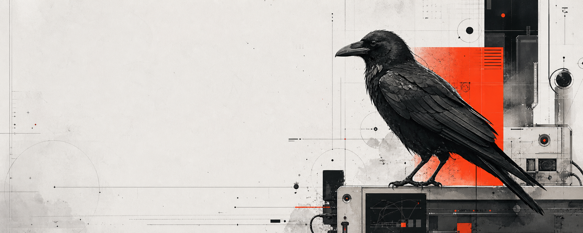 Ilustração editorial de um corvo ao lado de formas tecnológicas abstratas