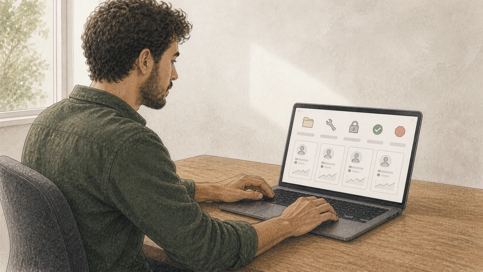 Pessoa usa um único notebook para dirigir agentes especializados com fontes, ferramentas, permissões, avaliações e métricas
