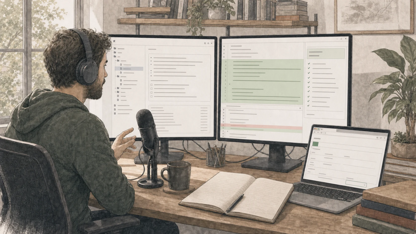 Pessoa fala com um agente de código diante de interfaces visuais sem informações identificáveis