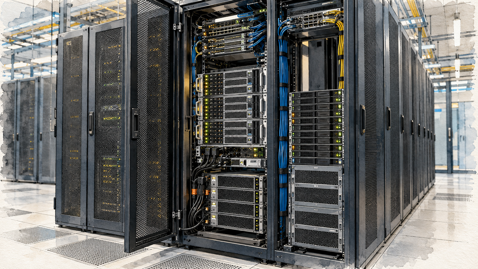 Fileiras de racks reais com servidores, bandejas de armazenamento e cabos organizados em um datacenter contemporâneo, em tratamento de desenho arquitetônico do Korvo.