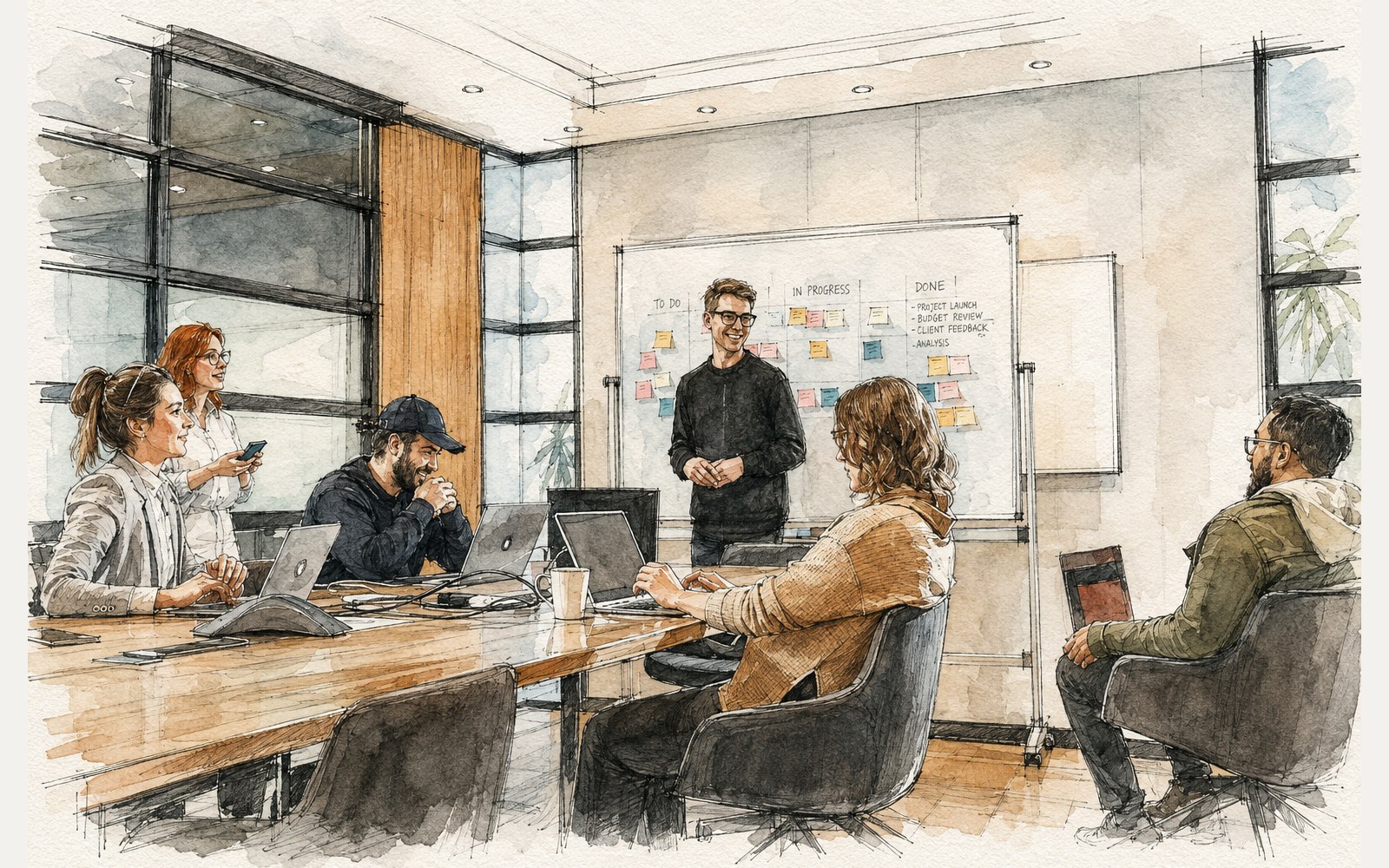 Reunião corporativa em aquarela com equipe discutindo um quadro de tarefas