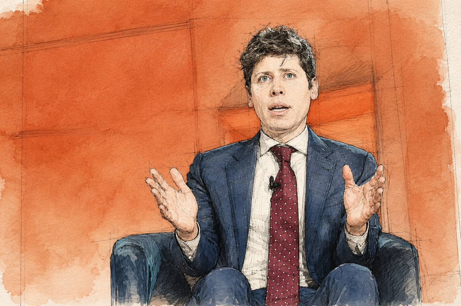 Sam Altman em uma poltrona, desenhado em nanquim e aquarela sobre fundo laranja