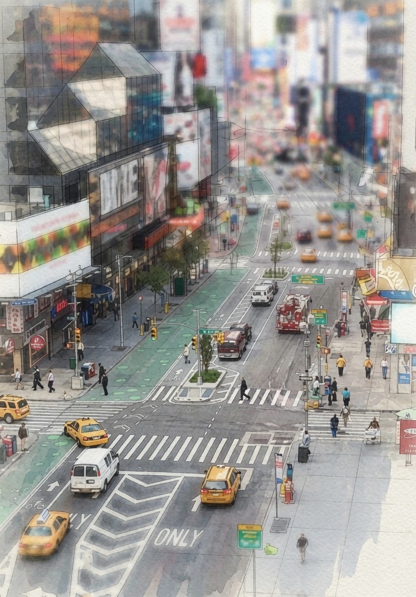 Ilustracao em aquarela de uma avenida urbana vista de cima, com carros, pedestres e sinais como um mundo observado por sensores