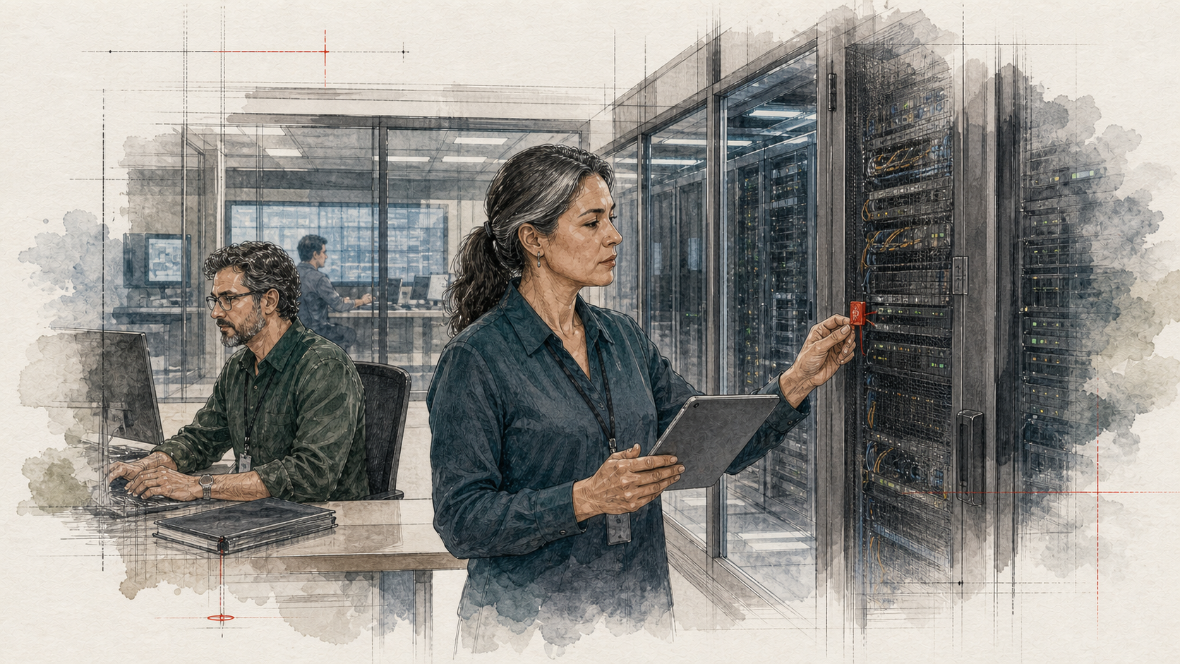 Uma auditora confere o lacre e a configuração de um gabinete de servidores enquanto um técnico acompanha um console separado numa sala de computação segura.