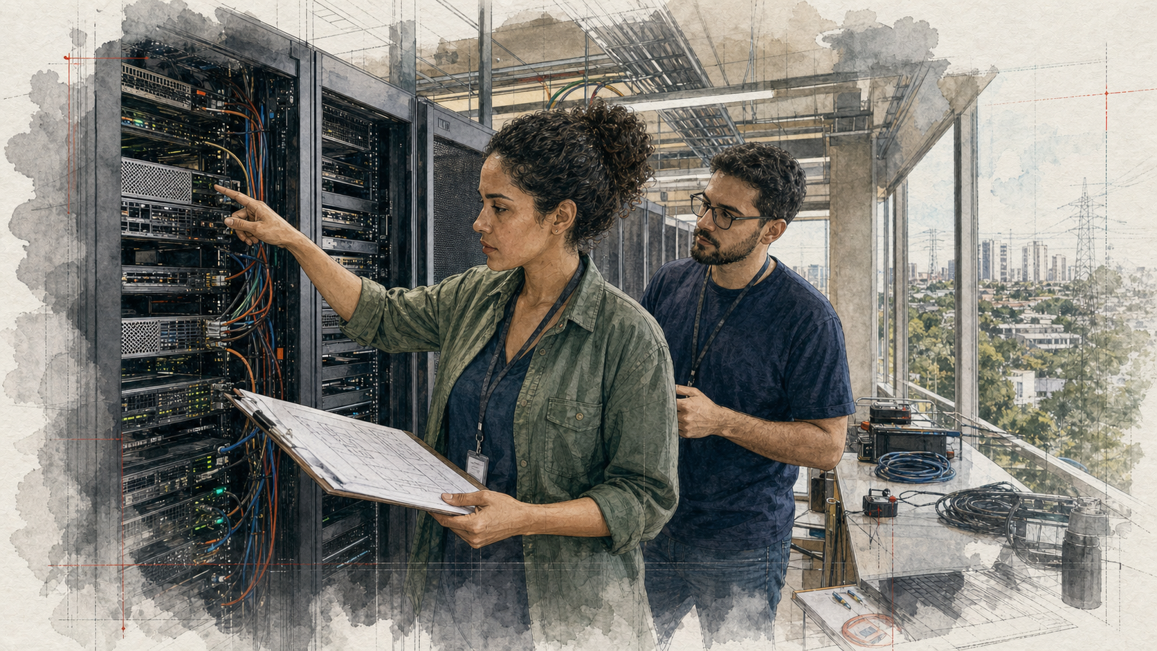 Uma engenheira e um técnico brasileiros inspecionam um rack de servidores enquanto comparam um plano impresso em uma instalação de computação.