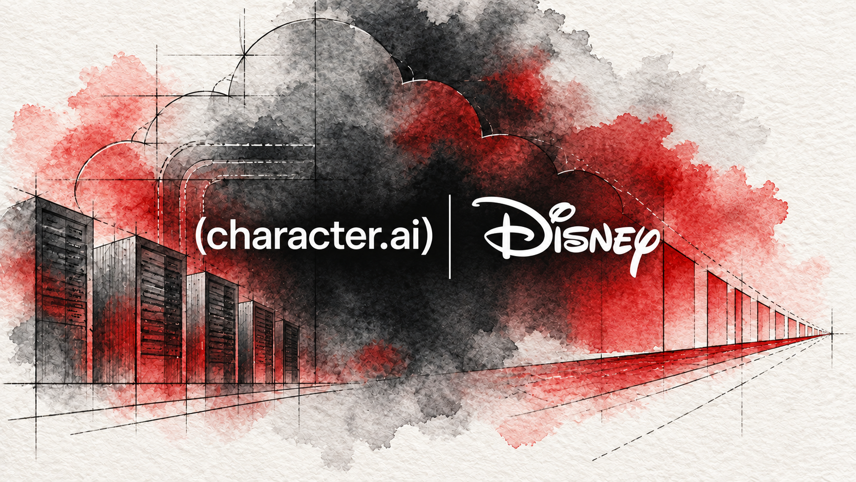 Marcas oficiais da Character.AI e da Disney tratadas juntas em aquarela arquitetônica sobre a operação e a proposta de licença