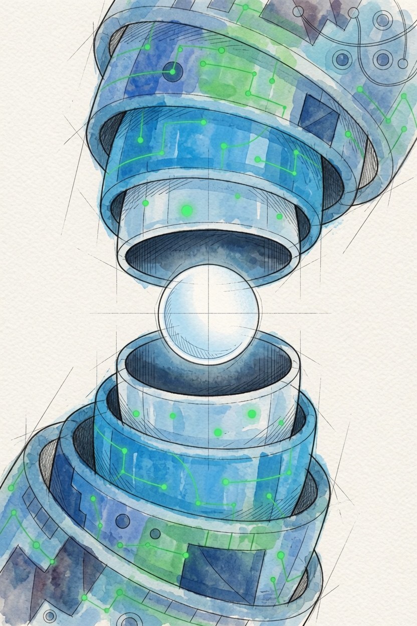 Ilustracao em aquarela de uma maquina futurista transferindo uma esfera de conhecimento entre camadas