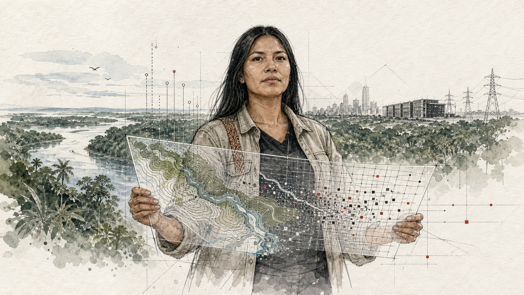 Ilustração editorial de uma pesquisadora indígena brasileira segurando um mapa de território e dados, entre rio, floresta, cidade, linhas de transmissão e um centro de dados.