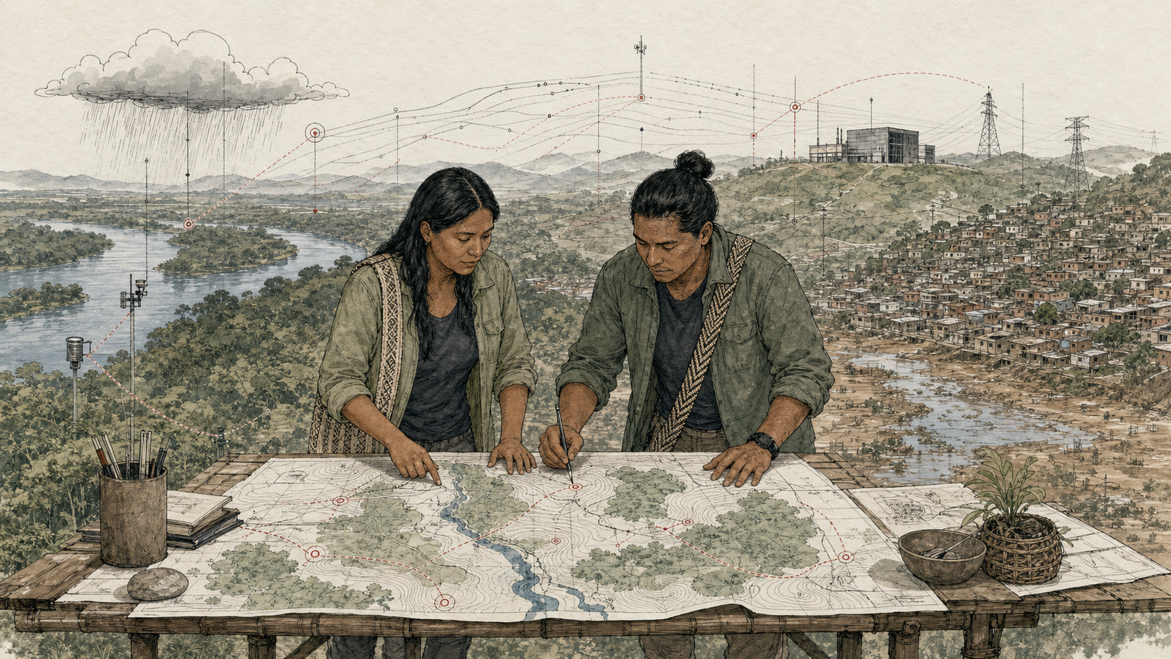 Ilustração editorial de dois profissionais indígenas brasileiros analisando um grande mapa de território, chuva e rios entre floresta, cidade em área de risco, linhas de energia e um centro de dados.