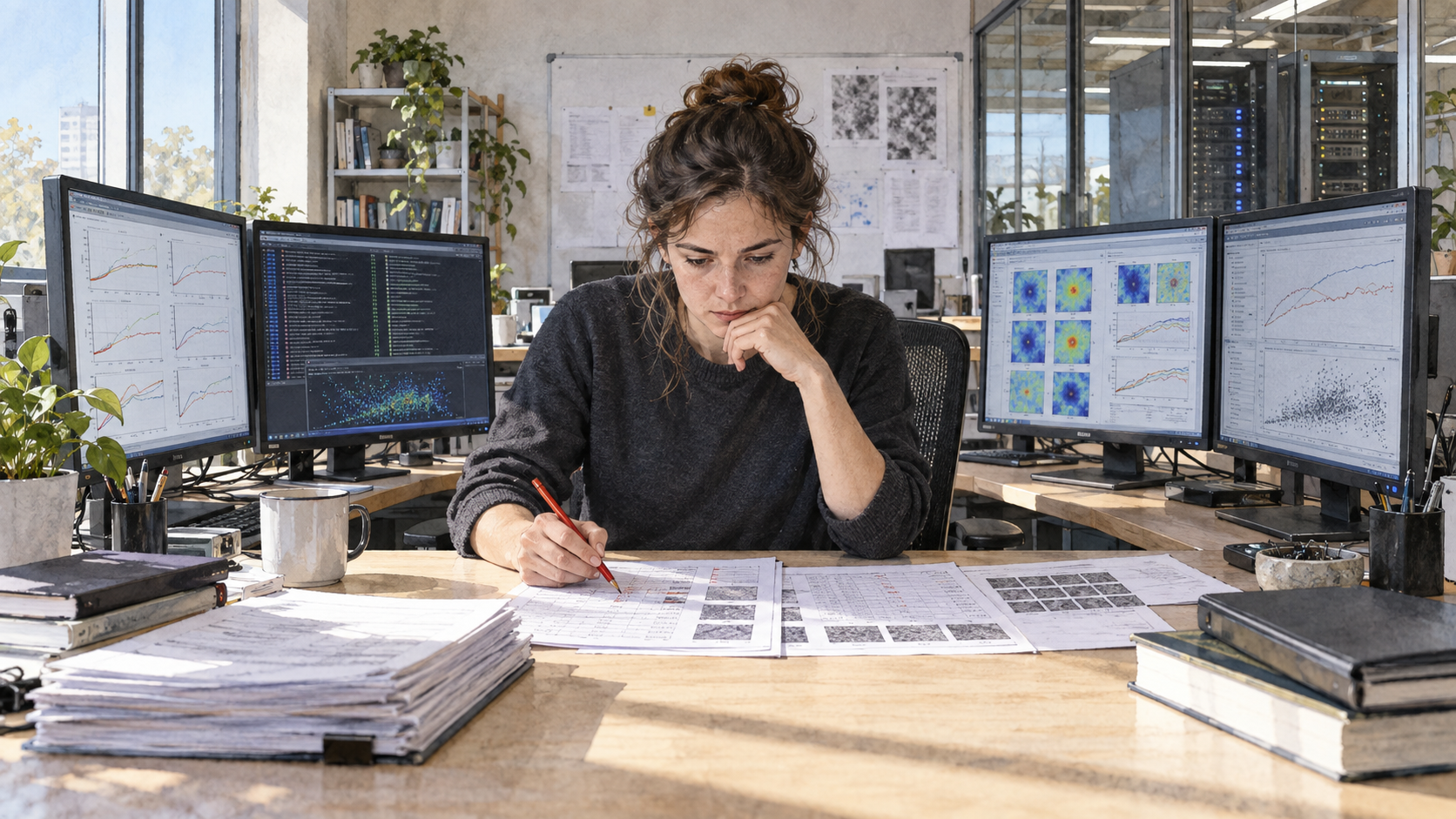 Uma pesquisadora compara resultados impressos enquanto quatro monitores exibem experimentos diferentes em um laboratório de IA contemporâneo.