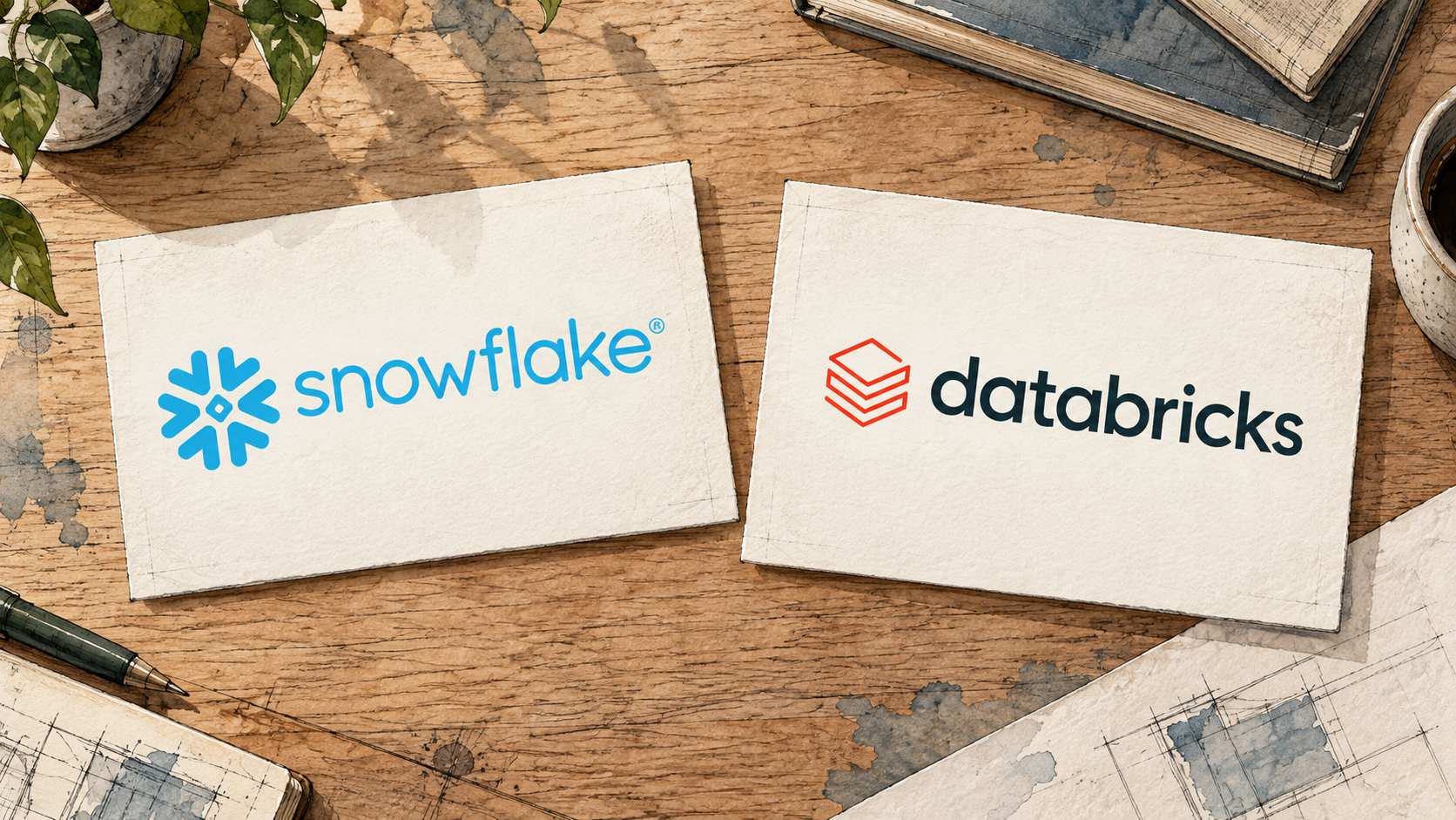 Dois cartões de papel sobre uma mesa, um com a marca azul da Snowflake e outro com a marca vermelha e escura da Databricks, em composição editorial do Korvo.