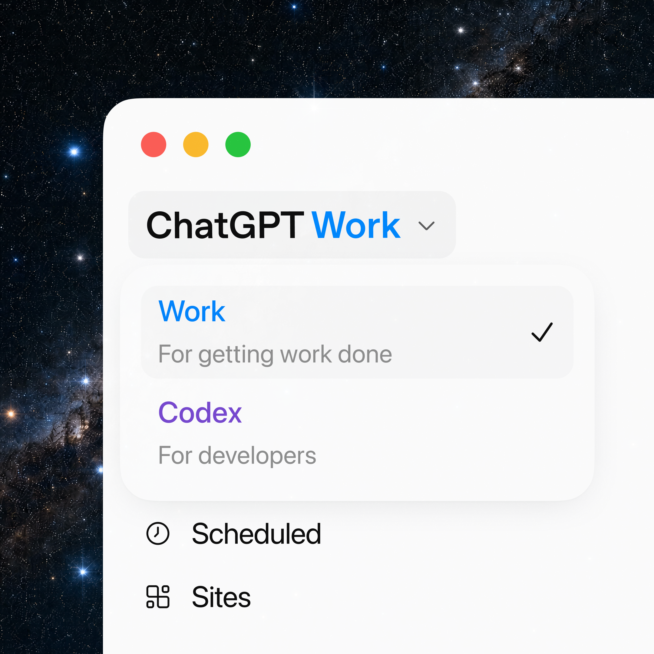Imagem oficial da OpenAI mostrando o seletor ChatGPT Work e Codex