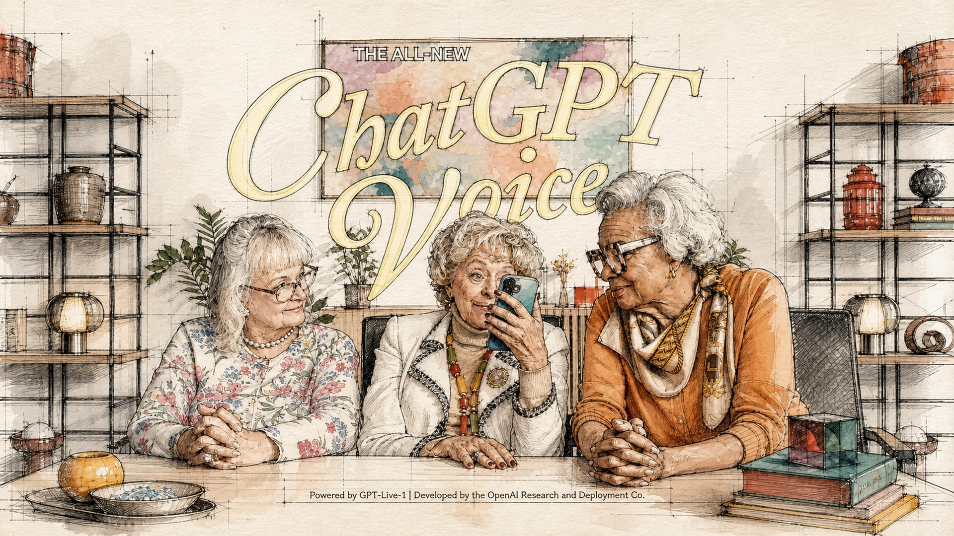 Ilustração editorial de três pessoas usando uma interface de voz chamada ChatGPT Voice