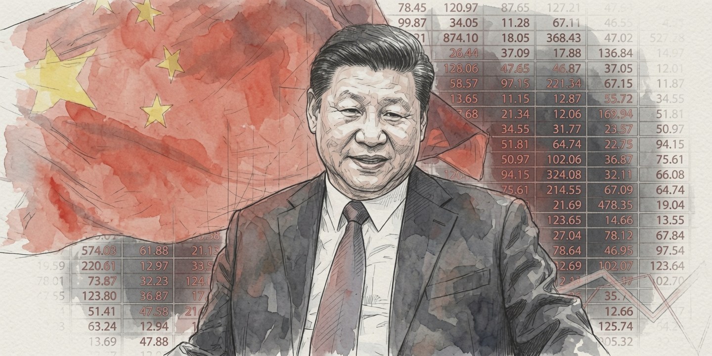 Ilustracao em aquarela de Xi Jinping diante da bandeira da China e de paineis numericos