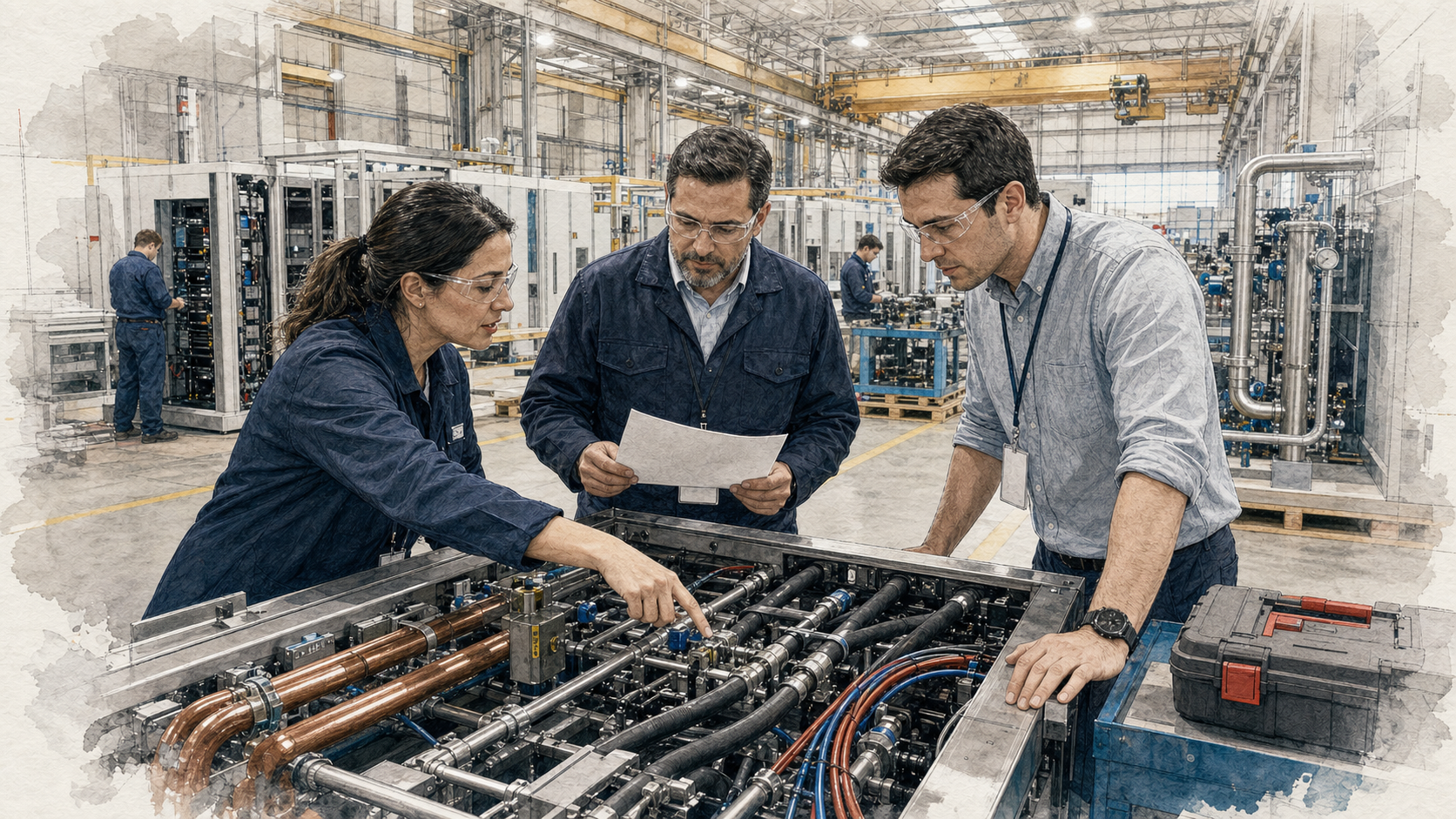 Três profissionais inspecionam um módulo de energia e refrigeração em uma fábrica de equipamentos para data centers.