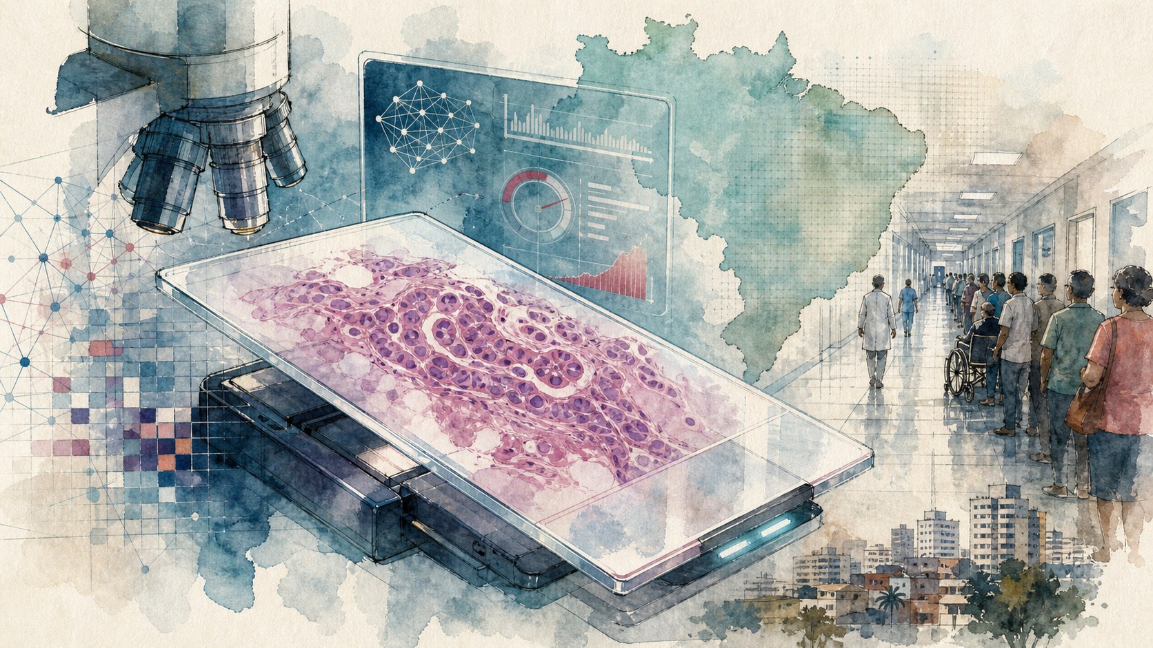 Ilustração editorial de patologia digital, IA médica e atendimento público de saúde
