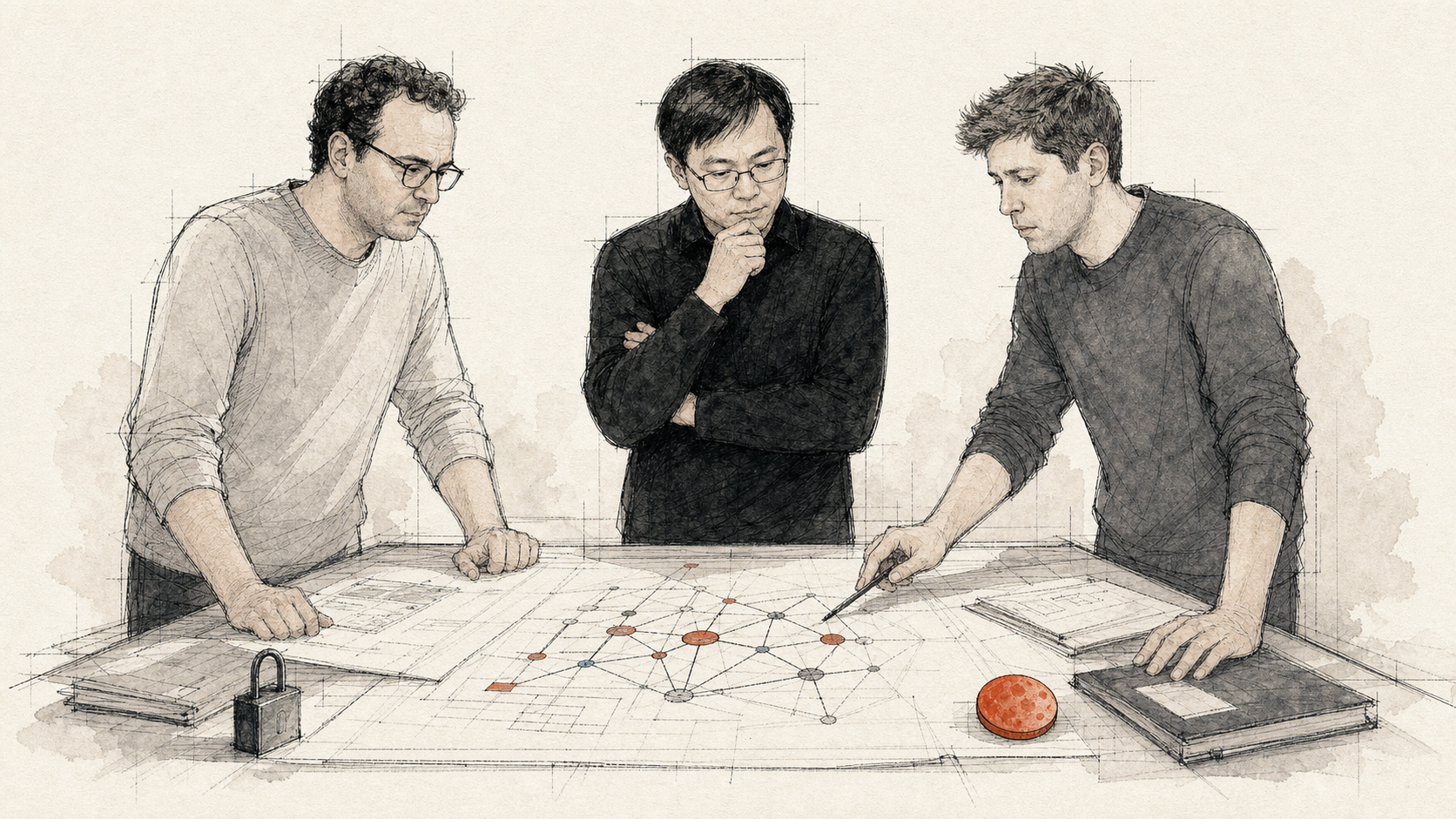 Ilustração editorial de Yang Zhilin, Dario Amodei e Sam Altman analisando um diagrama de IA sobre uma mesa de engenharia
