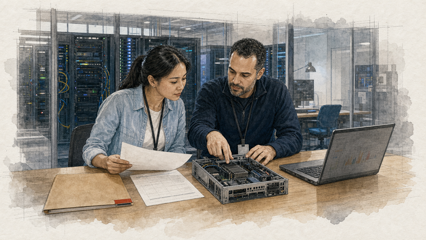 Duas pessoas revisam um servidor aberto, documentos e gráficos em uma sala de operações com racks ao fundo.