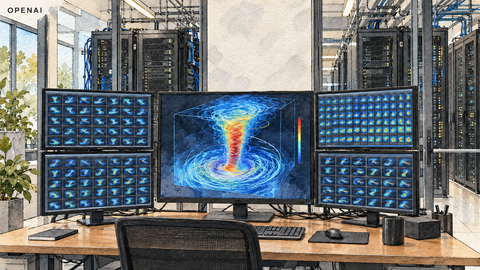 Ilustração editorial conceitual de uma estação de computação com várias execuções, servidores e uma visualização tridimensional de um vórtice de Navier–Stokes.
