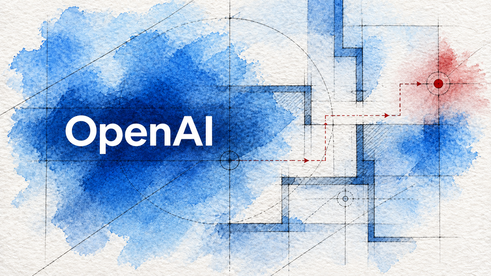 Wordmark oficial da OpenAI tratado em aquarela arquitetônica com sinais sóbrios de segurança e evidência