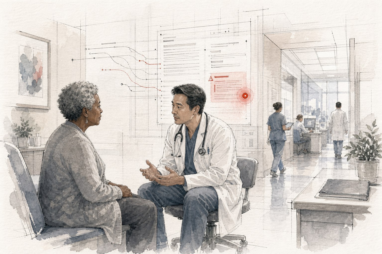 Médico e paciente conversam em uma consulta enquanto uma camada discreta de IA organiza informações clínicas ao fundo