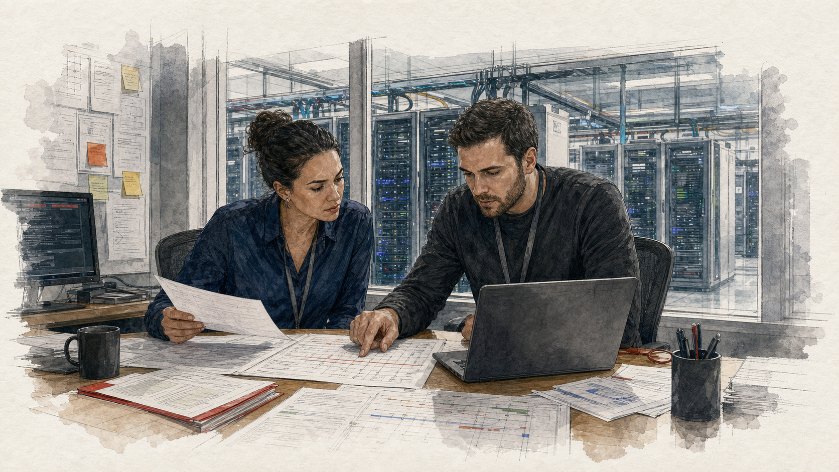 Duas pessoas de uma equipe de segurança analisam registros e uma linha do tempo diante dos servidores de um data center, em uma cena realista com tinta e aquarela.