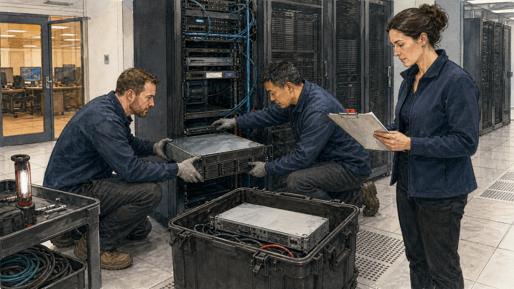 Uma equipe de continuidade operacional reconstrói um servidor a partir de mídias de backup enquanto uma gestora confere o procedimento impresso em um centro de dados financeiro genérico.
