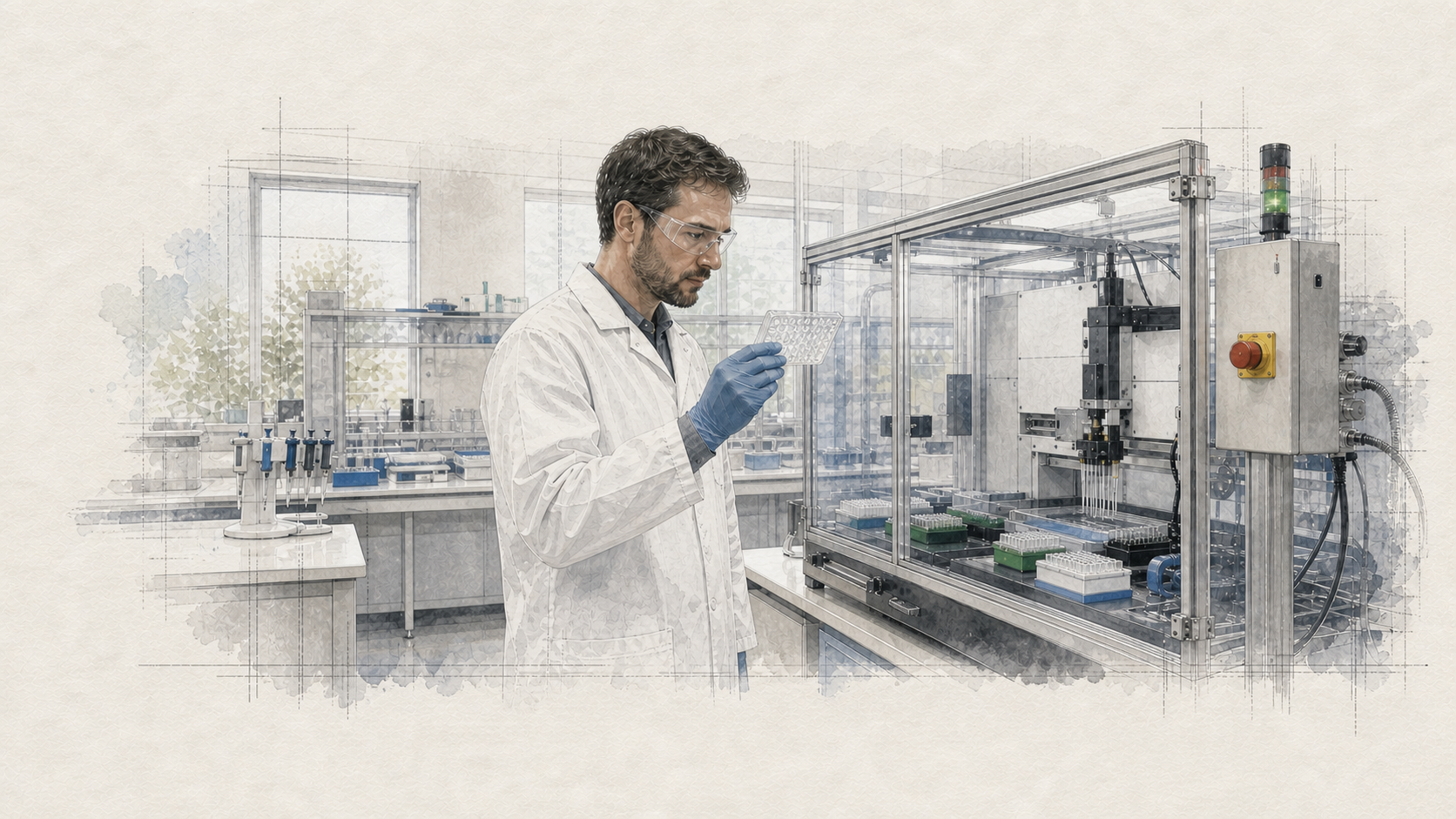 Um engenheiro de automação de laboratório compara uma microplaca com um manipulador de líquidos protegido por uma barreira transparente e controle de emergência.