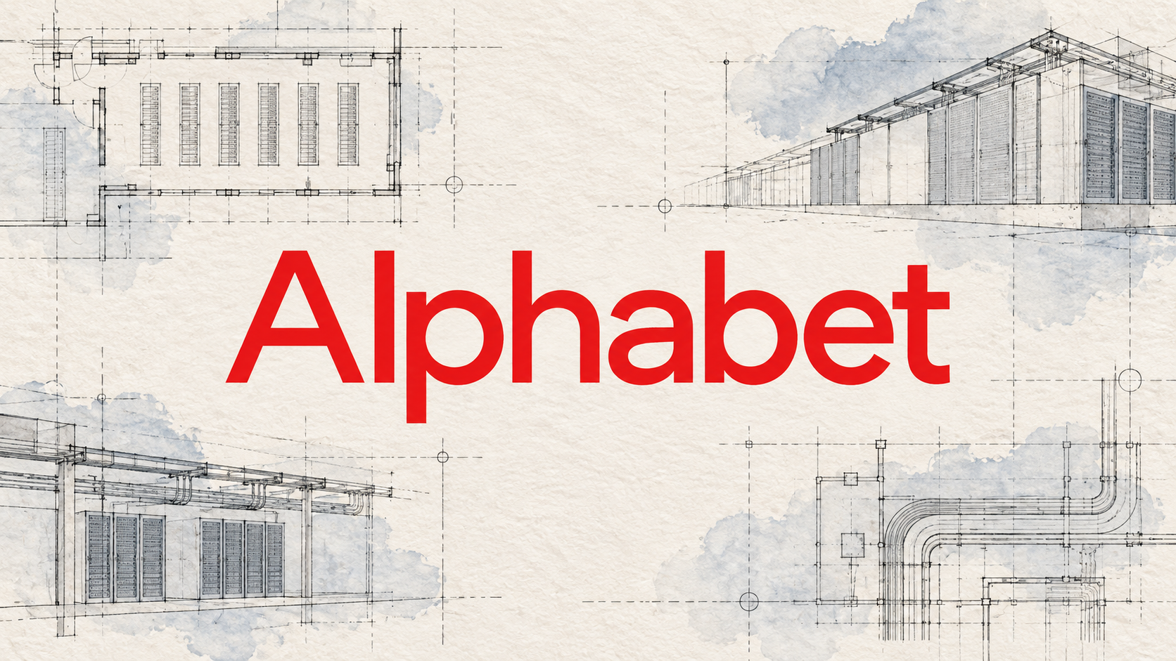 Ilustração editorial do wordmark vermelho da Alphabet sobre papel de aquarela, cercado por desenhos arquitetônicos de data centers e infraestrutura técnica.