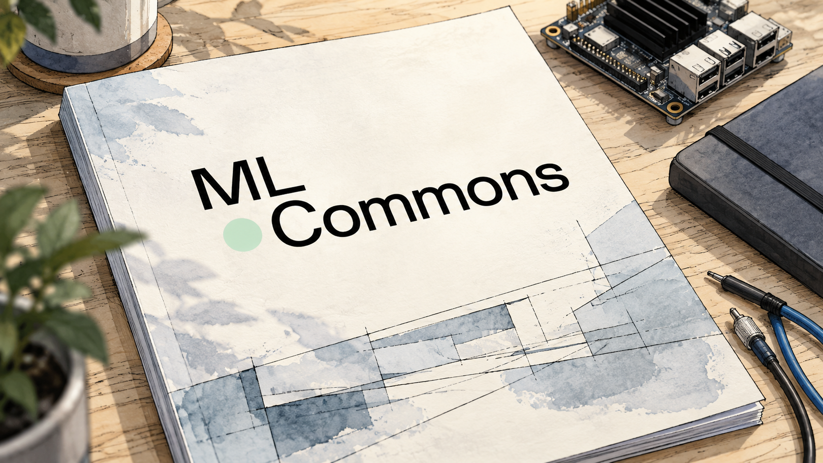 Capa de relatório ilustrativo sobre uma mesa de engenharia, com a marca MLCommons em preto e verde pálido, placa de computação e cabos ao redor.