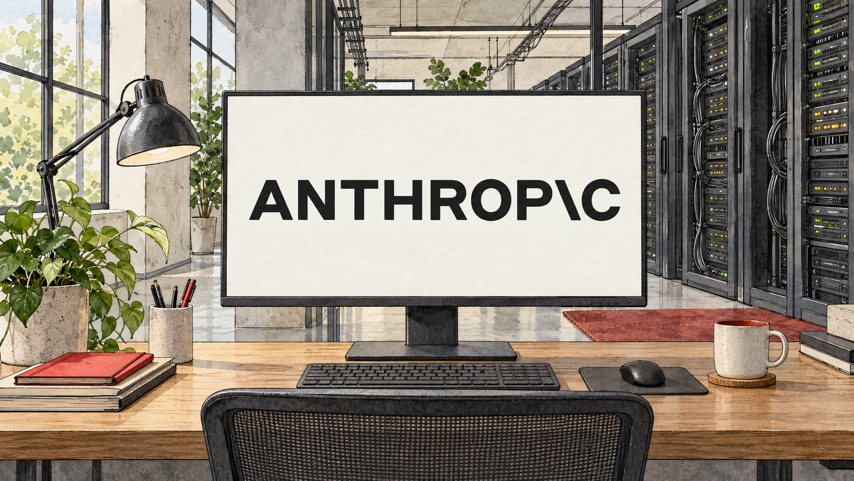 Marca Anthropic em um monitor central de sala de operação ilustrativa com racks, em nanquim e aquarela do Korvo.