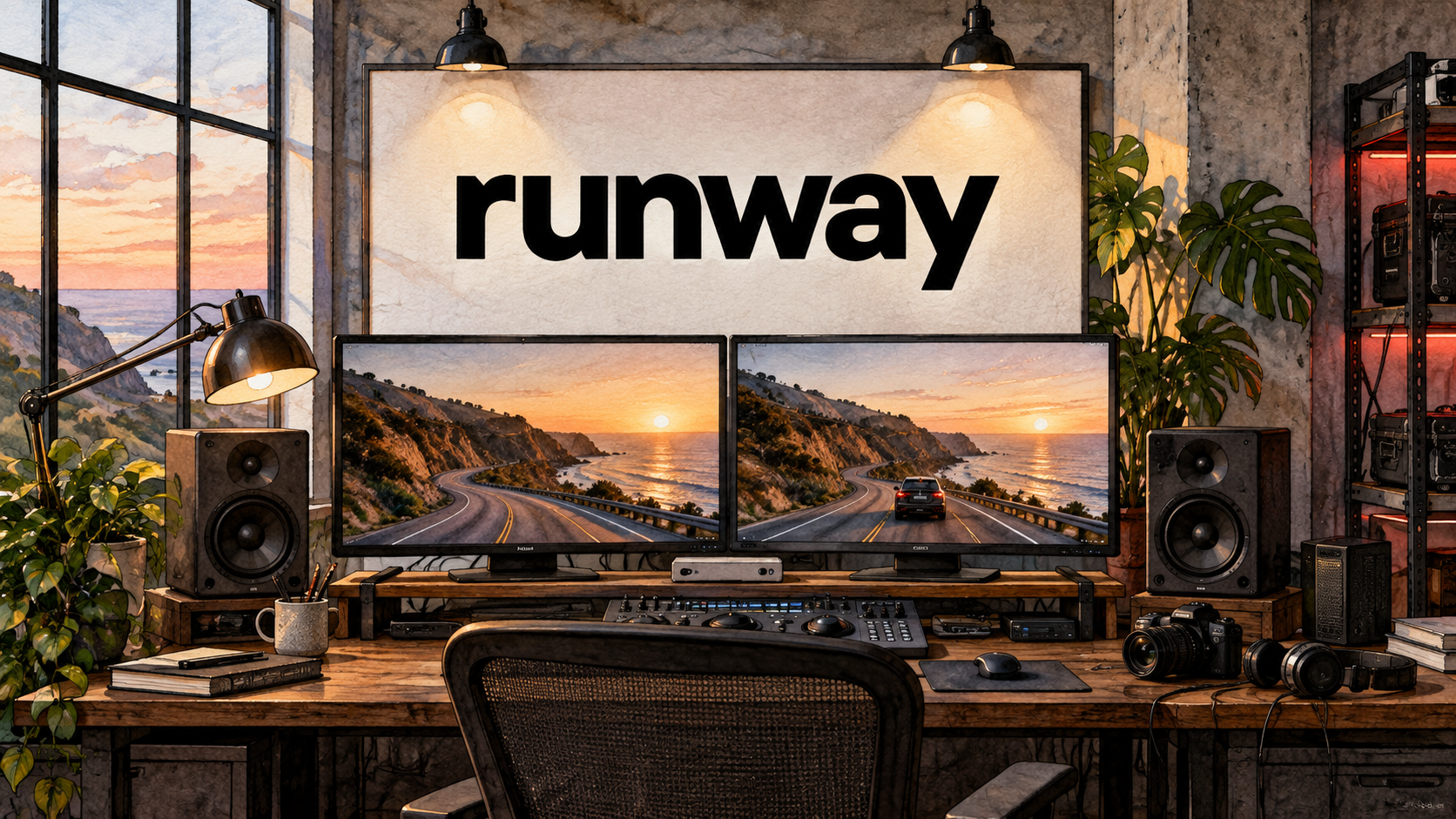 Marca Runway acima de duas telas com momentos sucessivos de uma estrada costeira, em suíte ilustrativa de pós-produção.